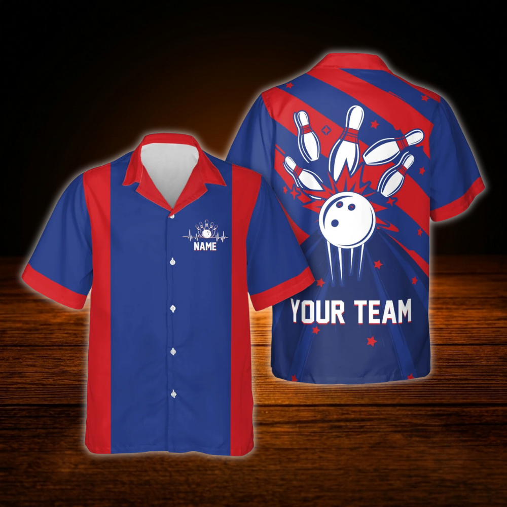Custom Retro Navy Red Bowling Hawaiian Shirt, Custom Retro Bowling Shirt For Team