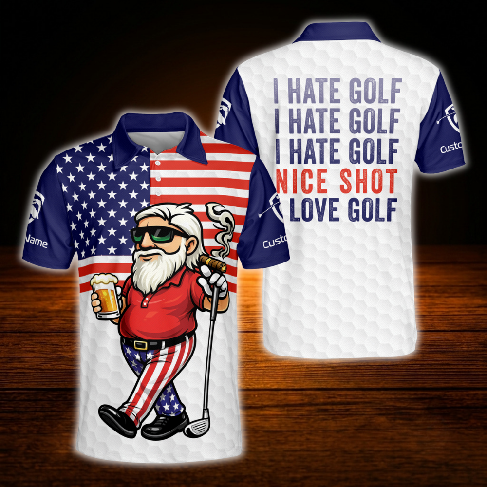 I Hate Golf Nice Shot I Love Golf Custom Men's USA Flag Golf Polo Shirt, Custom Funny Golf Shirt