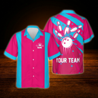 Custom Retro Navy Red Bowling Hawaiian Shirt, Custom Retro Bowling Shirt For Team