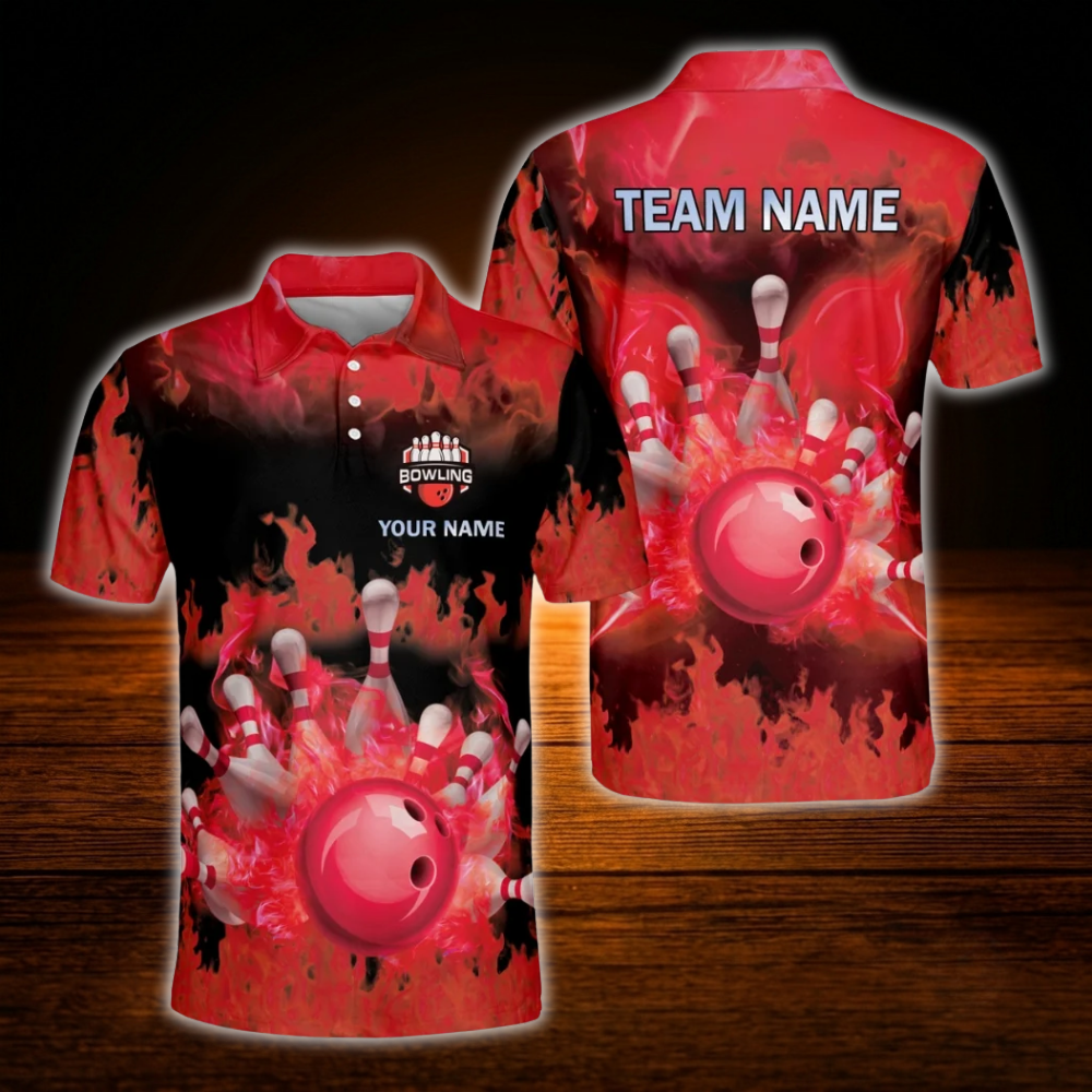 Flaming Ball Custom Blue Bowling Polo Shirt For Men, Custom Flame Bowling Team Shirt