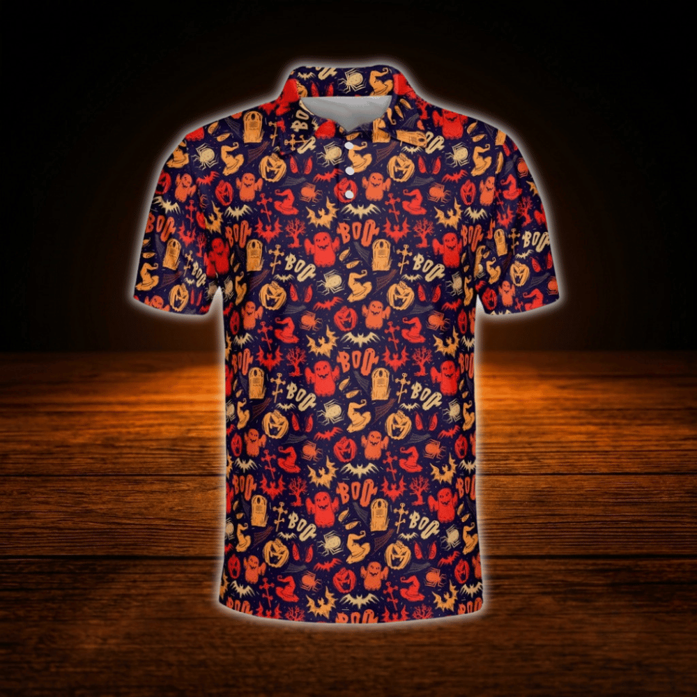 Pumpkin Spooky Ghost Halloween Golf Polo Shirts For Men, Halloween Golf Shirts