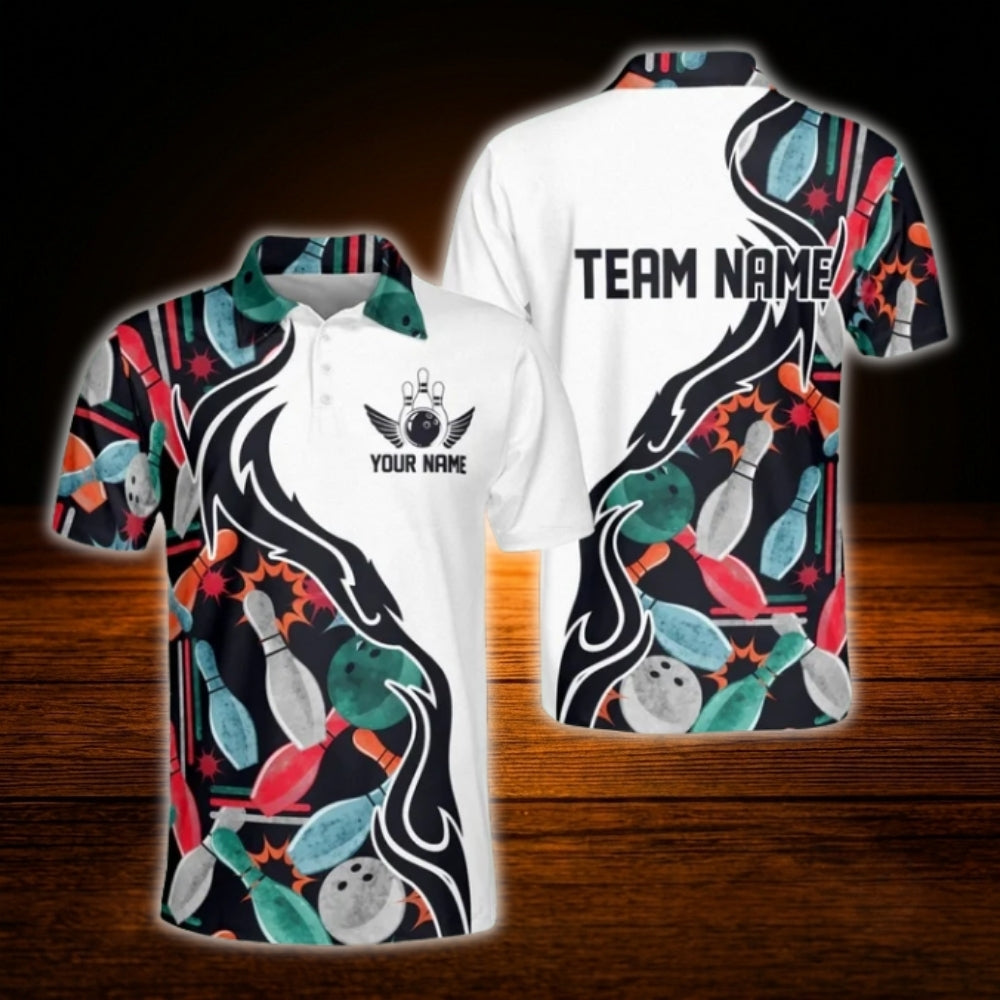 Multicolor Pins Custom Team Bowling Polo Shirt For Men, Custom Bowling Team Shirt