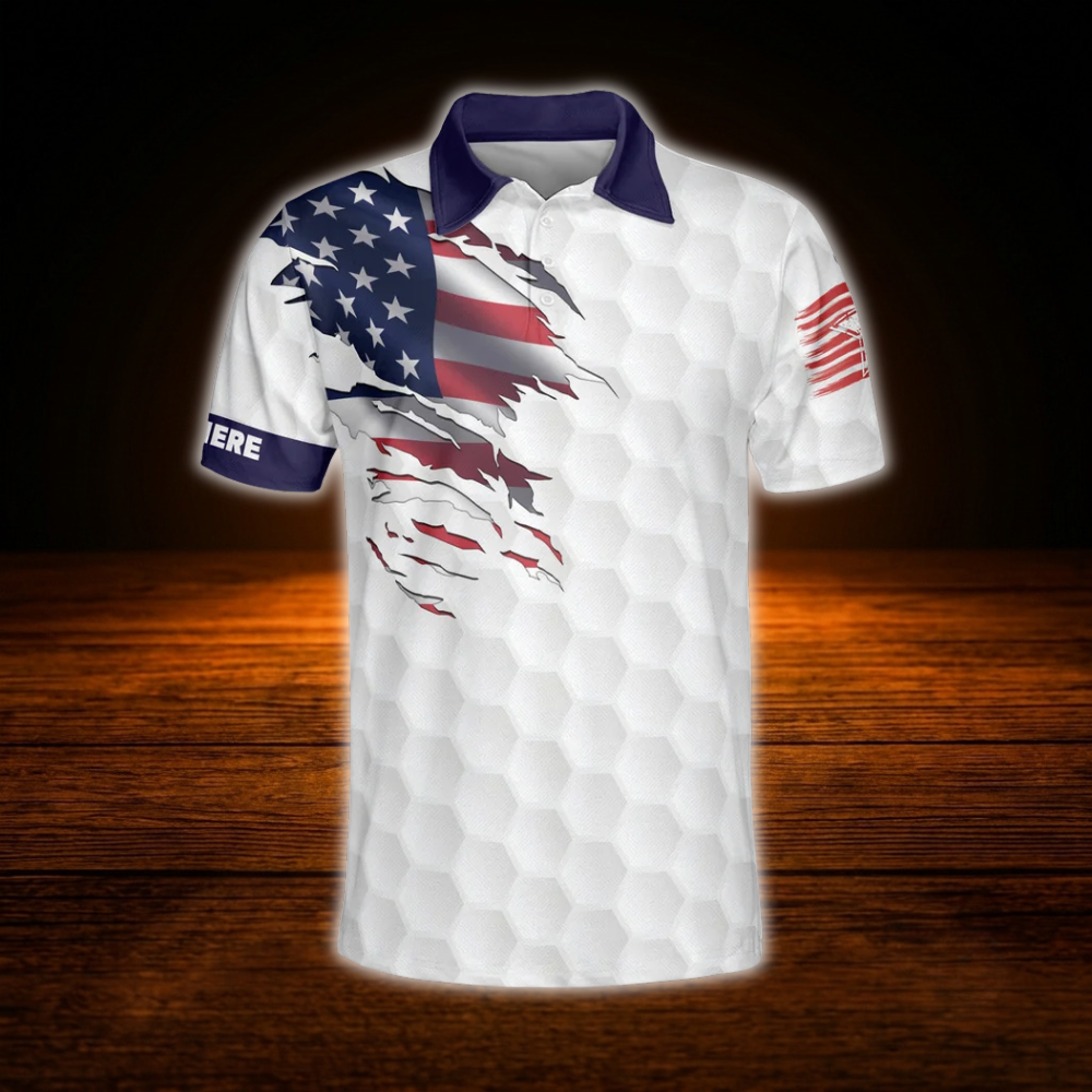 Custom American Flag White Polo Bowling Shirts Mens, Custom Patriotic Bowling Shirts