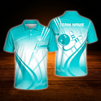 Custom Cyan Team Bowling Mens Polo Shirts, Custom Team Bowling Shirts