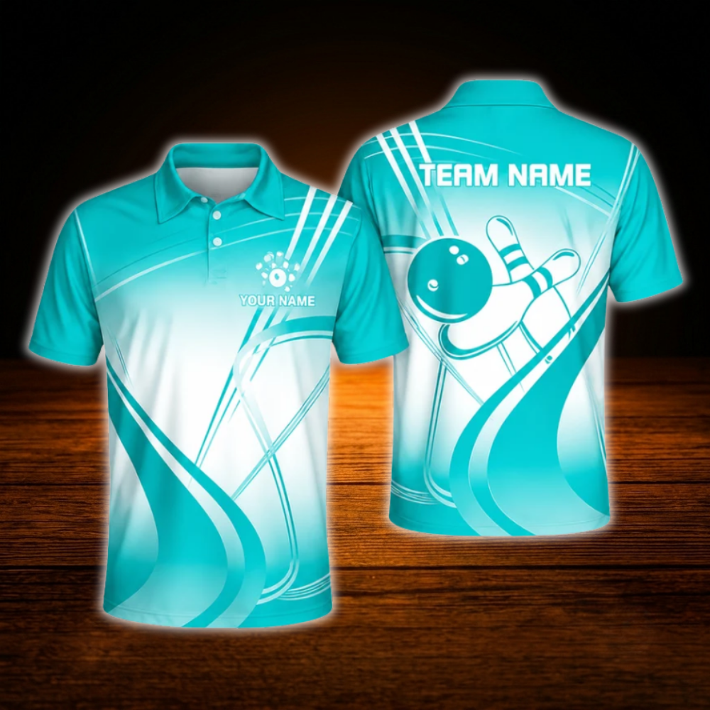 Custom Cyan Team Bowling Mens Polo Shirts, Custom Team Bowling Shirts