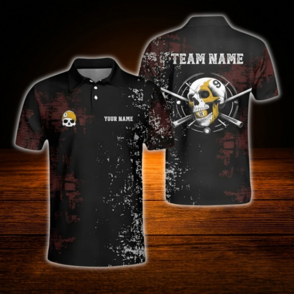 Custom Skull 8 Ball Billiard Men Polo Shirt Black Blue, Custom Team Skull Billiard Shirt