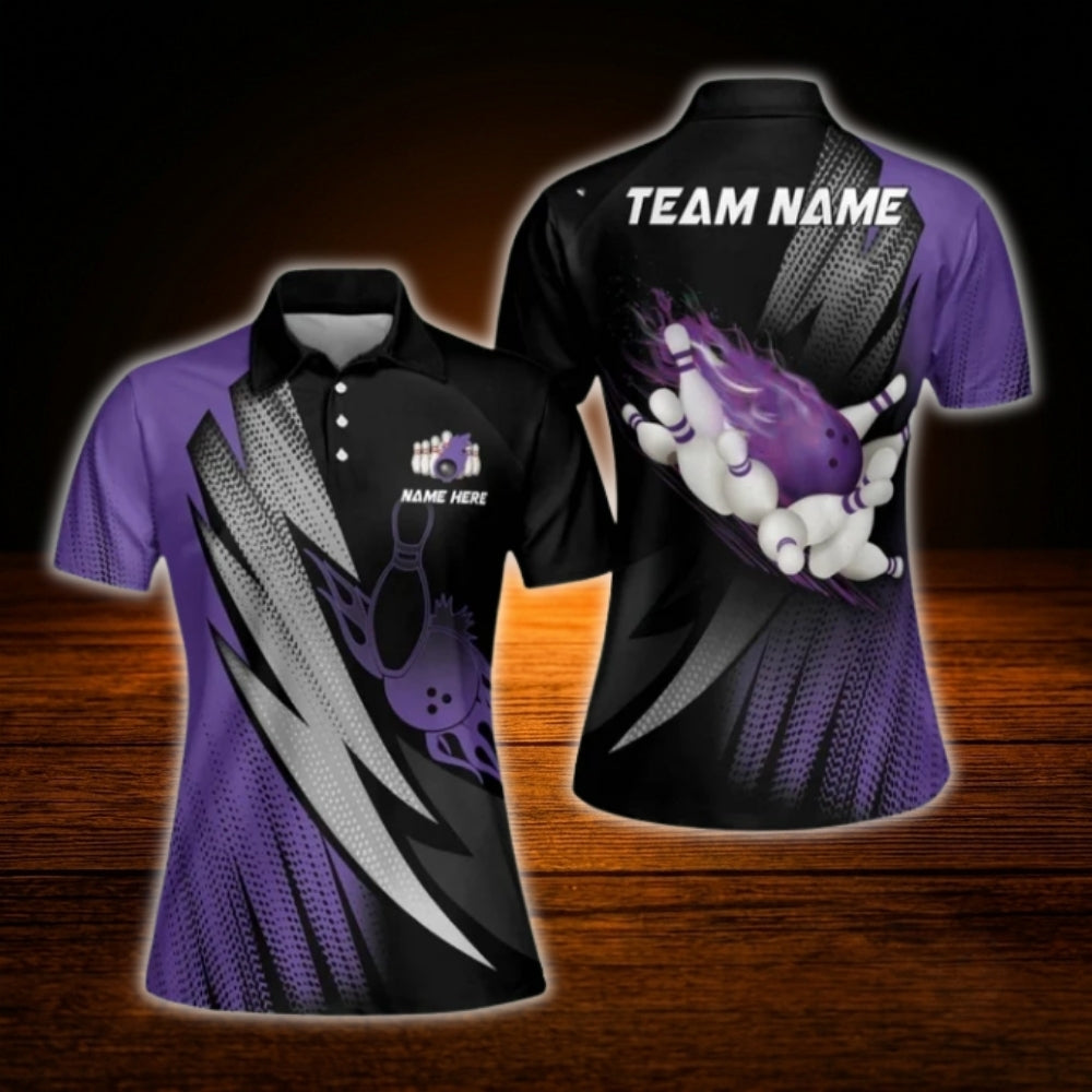 Custom Flame Blue Black Bowling Polo Shirt For Ladies, Custom Flame Bowling Team Shirt Women