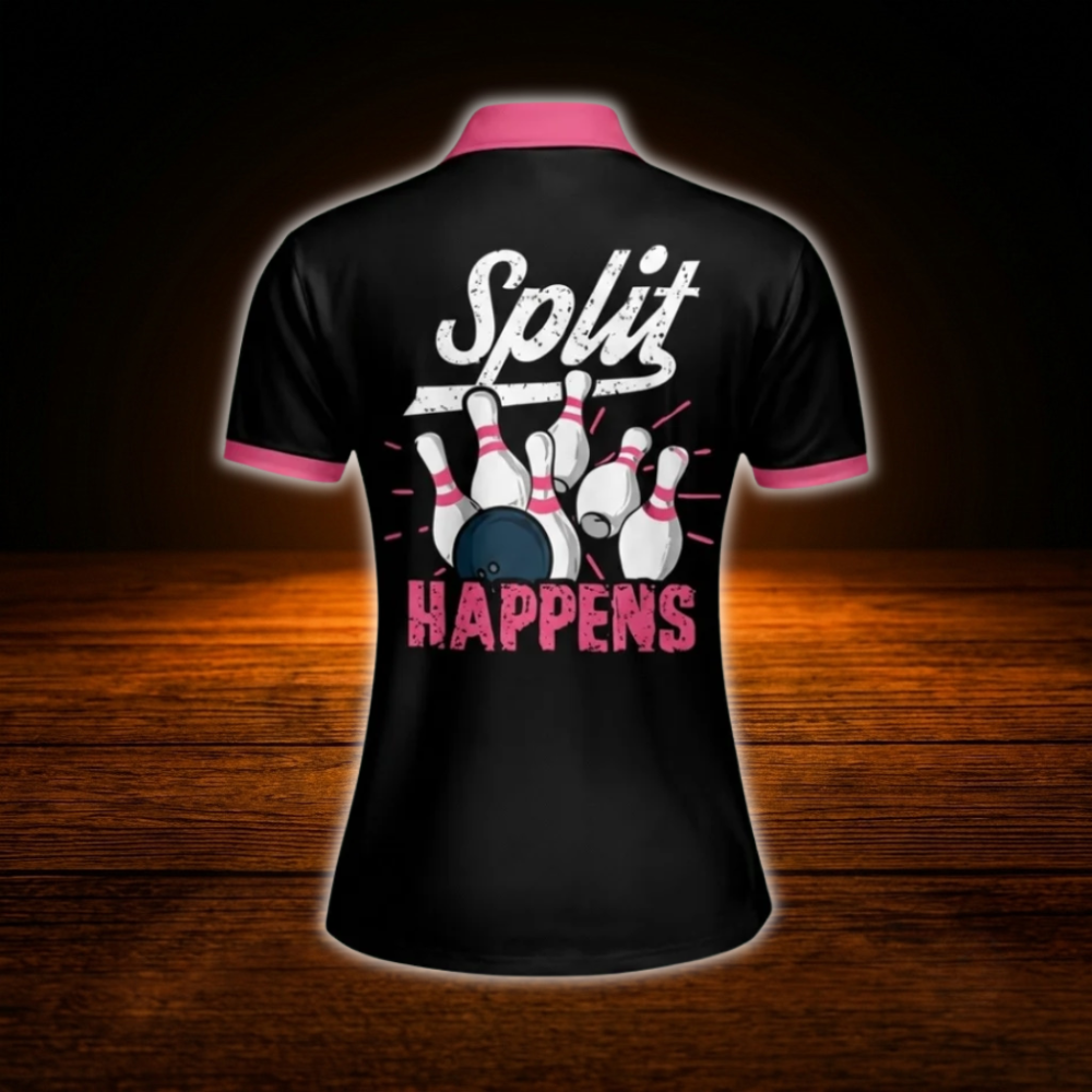 Split Happens Custom Black And Pink Bowling Polo Shirts For Women, Custom Funny Bowling Shirts Women