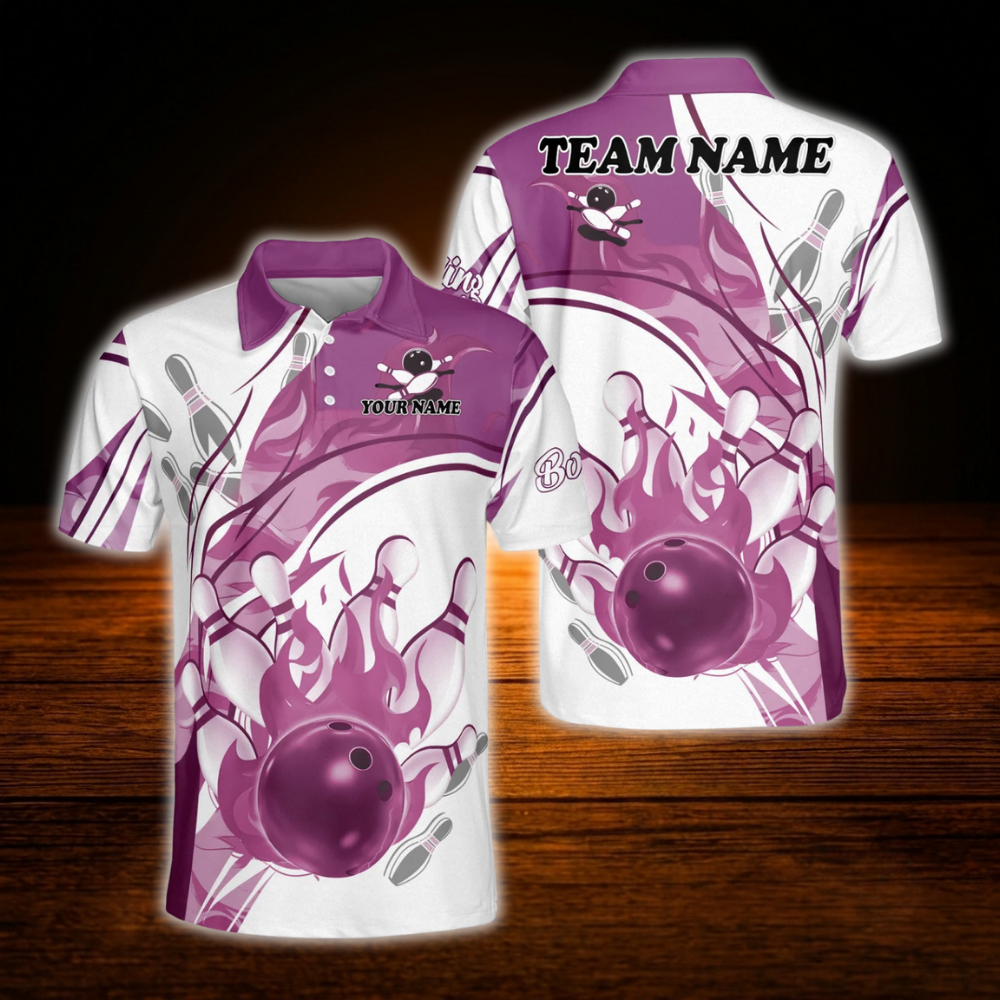 Custom Red Flaming Ball Bowling Polo Shirt For Men, Custom Flame Bowling Team Shirt