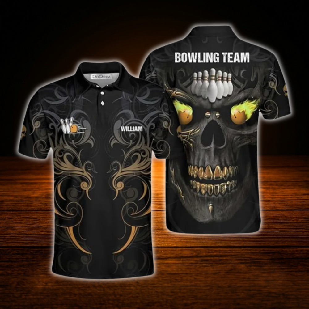 Custom Skull Flame Ball Bowling Mens Polo Shirts, Custom Skull Bowling Team Shirts