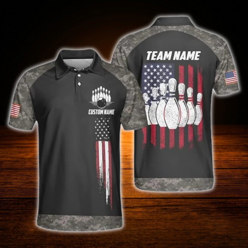 Custom American Flag Camo Bowling Polo Shirts For Men, Custom Patriotic Bowling Team Shirts