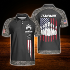 Custom American Flag Camo Bowling Polo Shirts For Men, Custom Patriotic Bowling Team Shirts