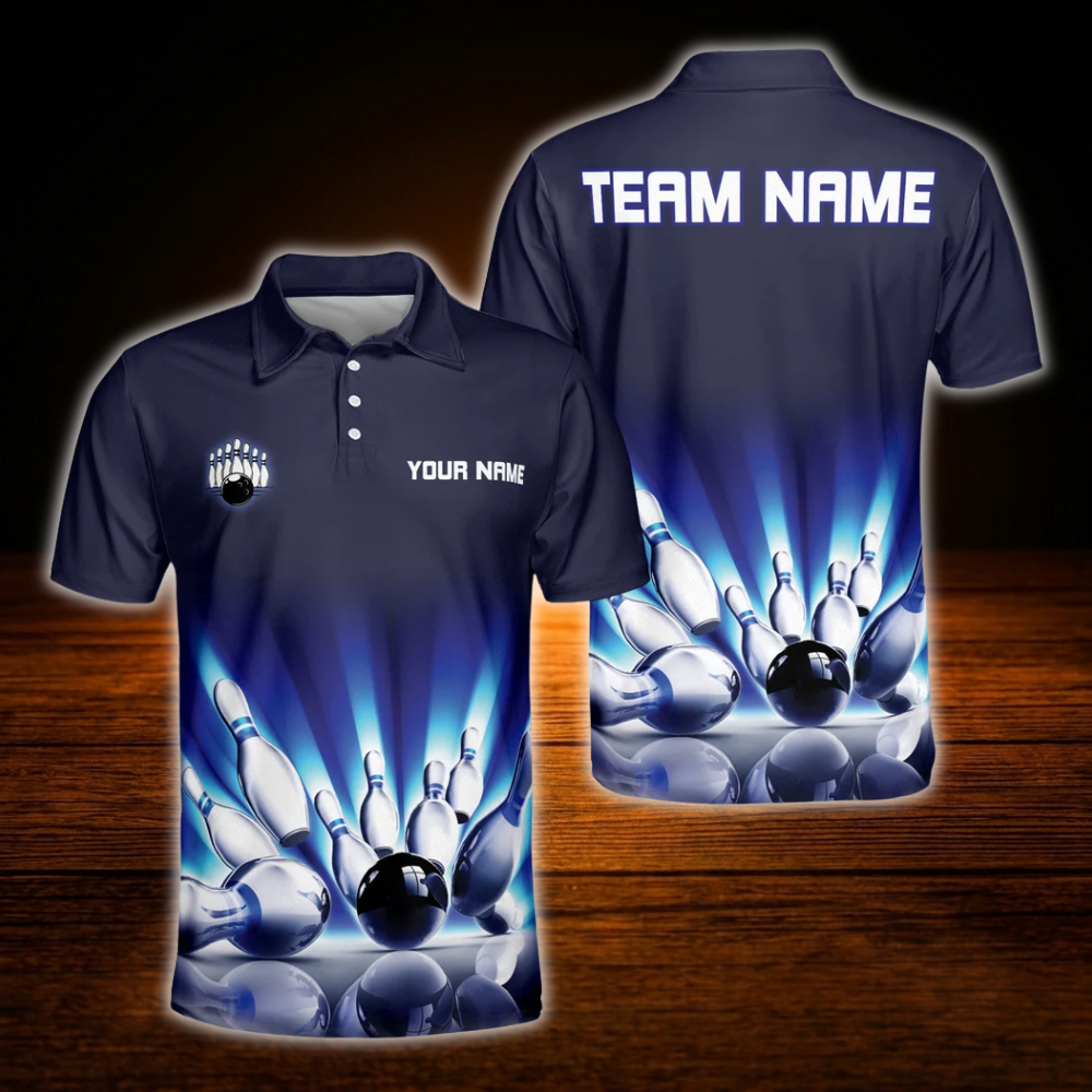 Custom Team Blue Bowling Polo Shirts Mens, Custom Bowling Team Shirt