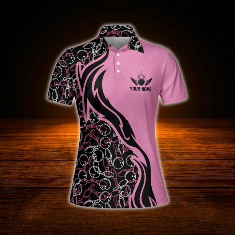 Custom Team Black And Pink Women Bowling Polo Shirts, Custom Team Bowling Shirts For Women