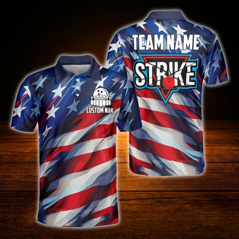 Custom American Flag Strike Bowling Polo Shirts For Men, Custom Patriotic Bowling Team Shirts