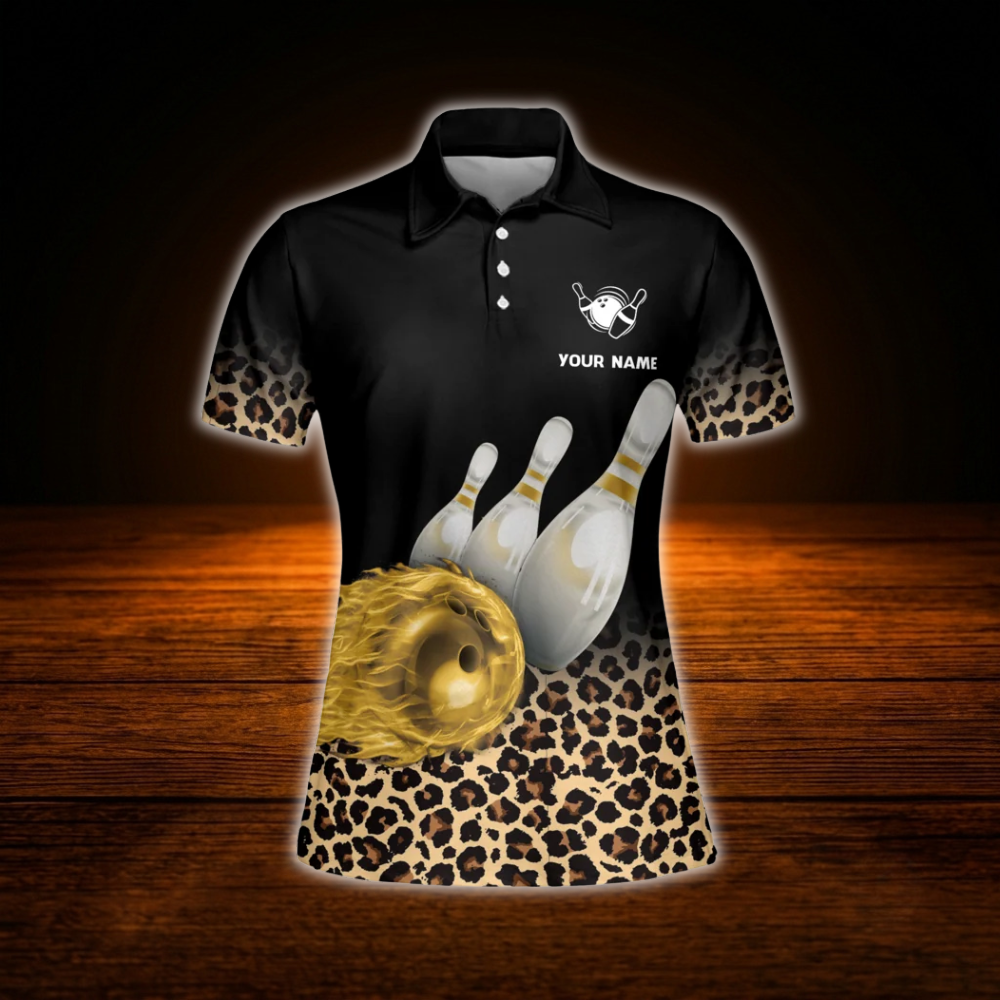 Custom Leopard Yellow Flame Ball Bowling Polo Shirts For Women, Custom Leopard Bowling Shirts For Women