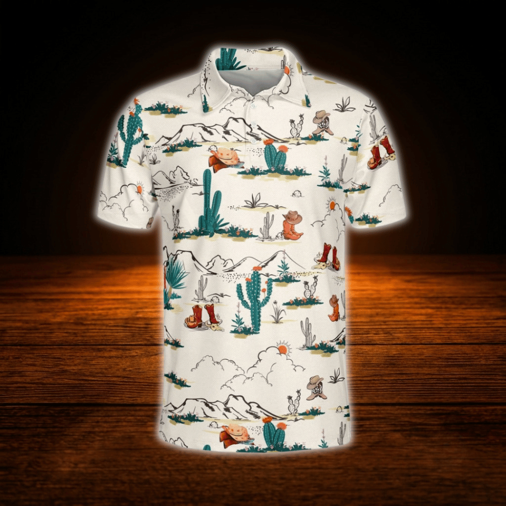 Cowboy Cactus Beige Golf Polo Shirts For Men, Western Golf Shirts