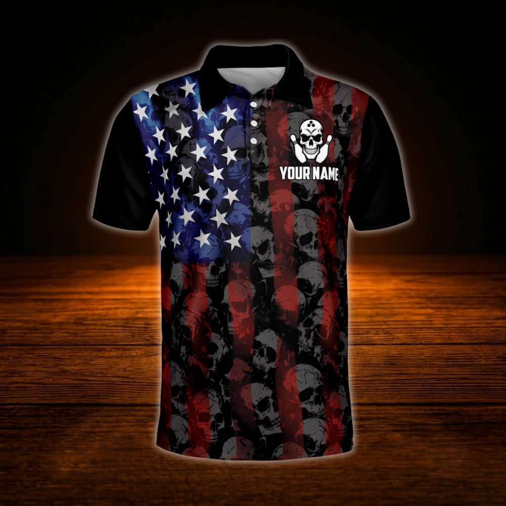 Custom Skull American Flag Bowling Polo Shirt Mens, Custom Patriotic Skull Bowling Team Shirts