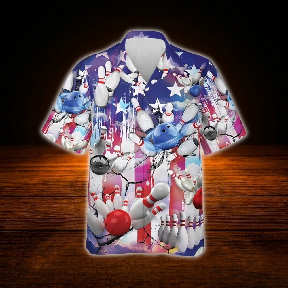 American Flag Bowling Hawaiian Shirt For Men Women, Patriotic 4th Of July Bowling Shirt