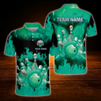 Flaming Ball Custom Blue Bowling Polo Shirt For Men, Custom Flame Bowling Team Shirt