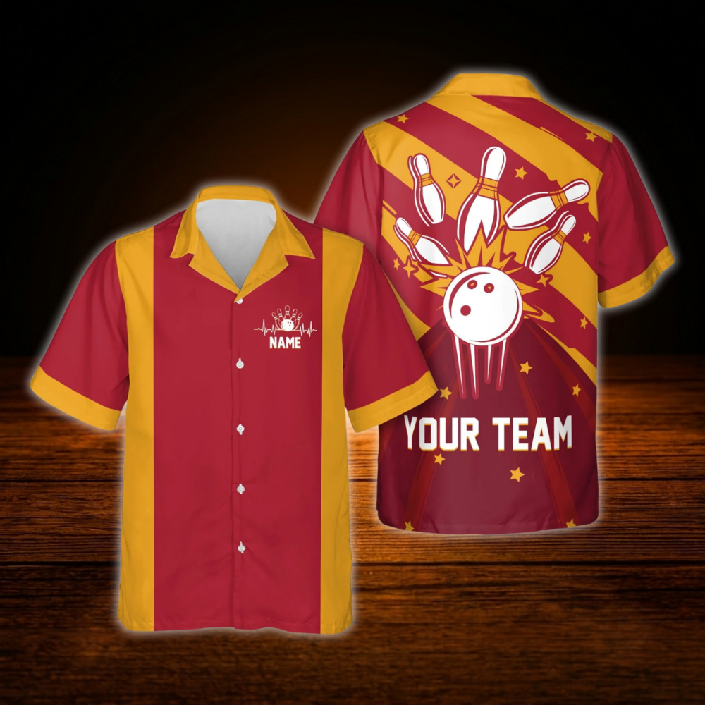 Custom Retro Navy Red Bowling Hawaiian Shirt, Custom Retro Bowling Shirt For Team