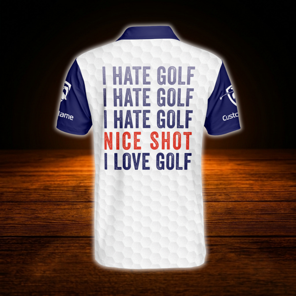 I Hate Golf Nice Shot I Love Golf Custom Men's USA Flag Golf Polo Shirt, Custom Funny Golf Shirt