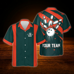 Custom Retro Navy Red Bowling Hawaiian Shirt, Custom Retro Bowling Shirt For Team