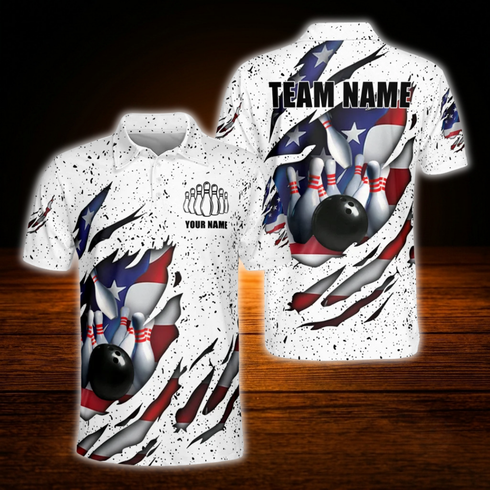 American Flag Custom White Grunge Bowling Polo Shirt For Men, Custom Patriotic Bowling Shirt Team