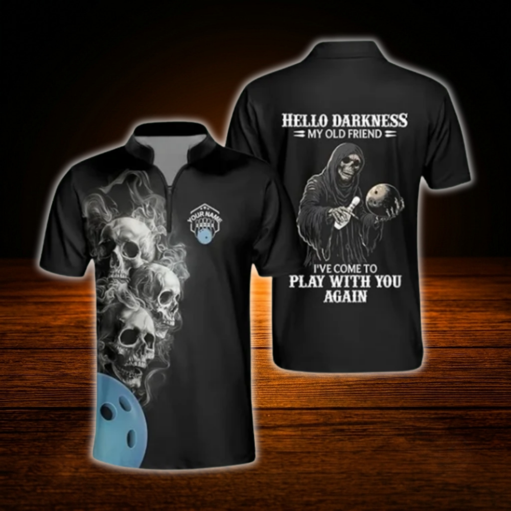 Hello Darkness My Old Friend I've Come To Play With You Again Custom Skeleton Men Bowling Jersey, Custom Funny Skulll Bowling Shirt