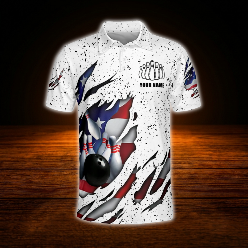 American Flag Custom White Grunge Bowling Polo Shirt For Men, Custom Patriotic Bowling Shirt Team