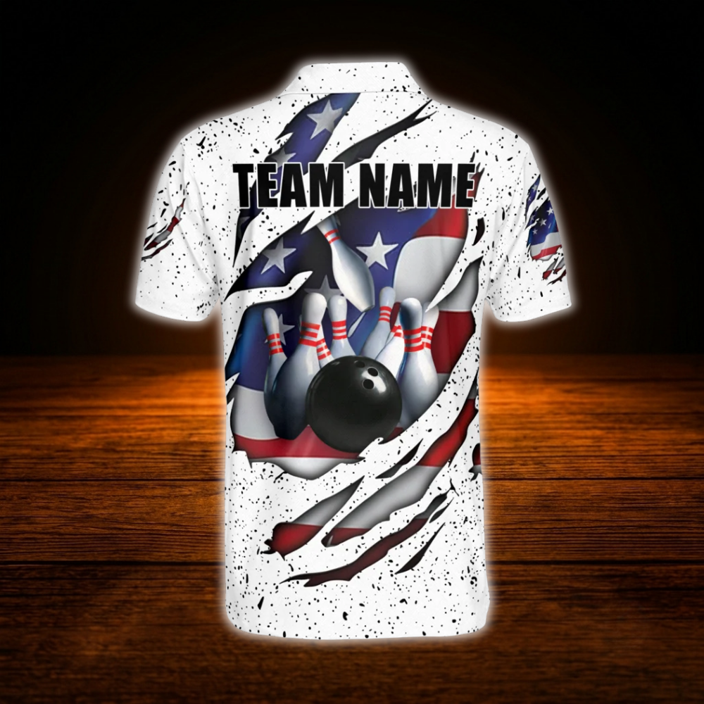 American Flag Custom White Grunge Bowling Polo Shirt For Men, Custom Patriotic Bowling Shirt Team