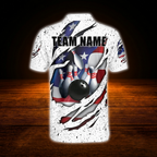 American Flag Custom White Grunge Bowling Polo Shirt For Men, Custom Patriotic Bowling Shirt Team