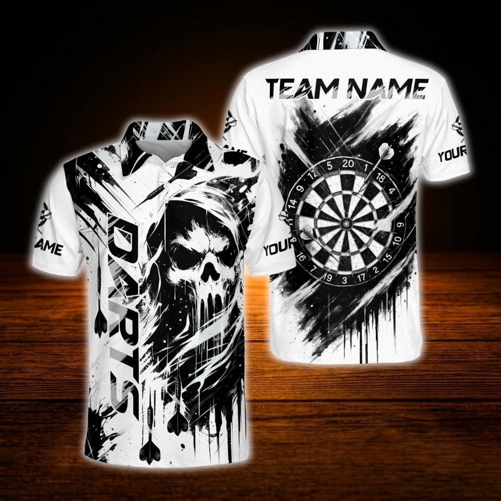 Custom Skeleton Black And White Darts Polo Shirt Men, Custom Skull Dart Shirt For Team