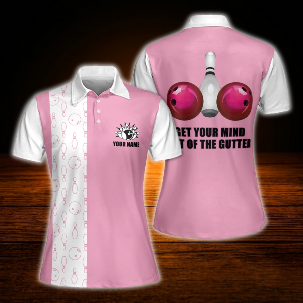 Get Your Mind Out Of The Gutter Custom Womens Pink White Bowling Polo Shirt For Men, Custom Funny Bowling Shirt For Ladies