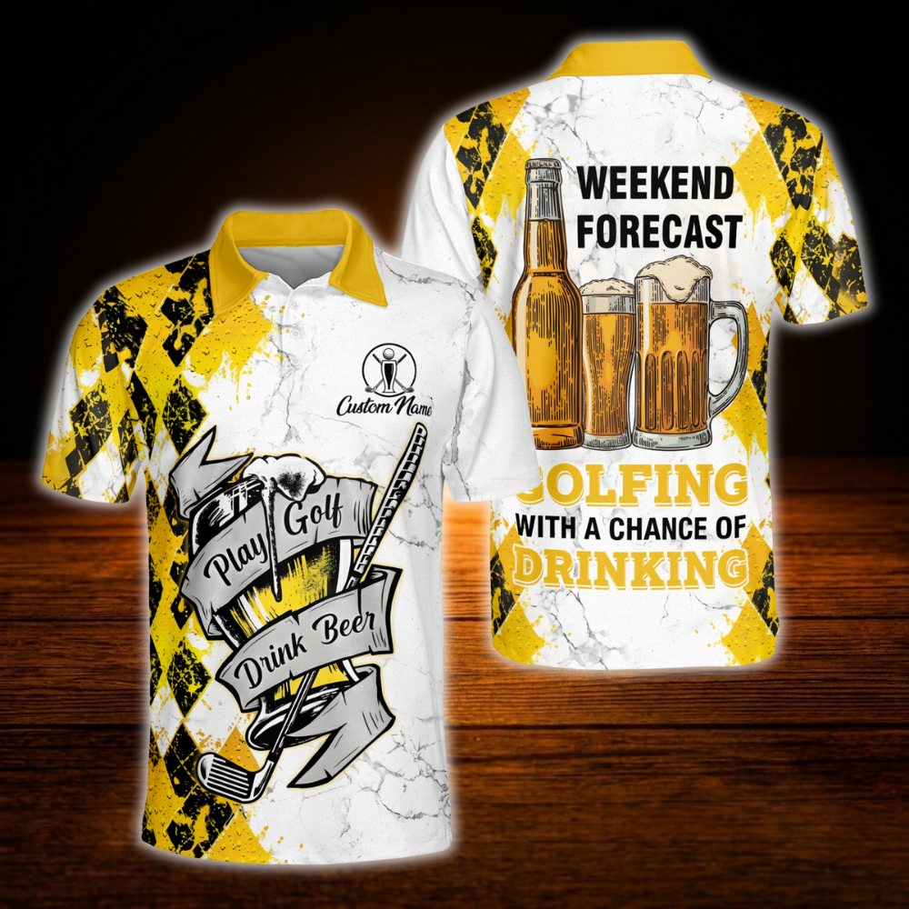 Custom Weekend Forecast Golfing With A Chance Of Drinking Men's Golf Polo Shirt, Custom Funny Beer Golf Shirt