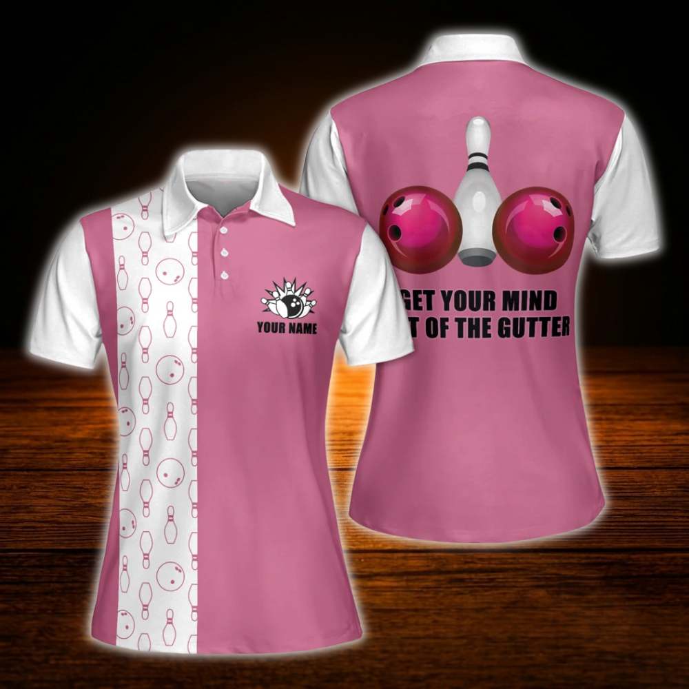 Get Your Mind Out Of The Gutter Custom Womens Pink White Bowling Polo Shirt For Men, Custom Funny Bowling Shirt For Ladies