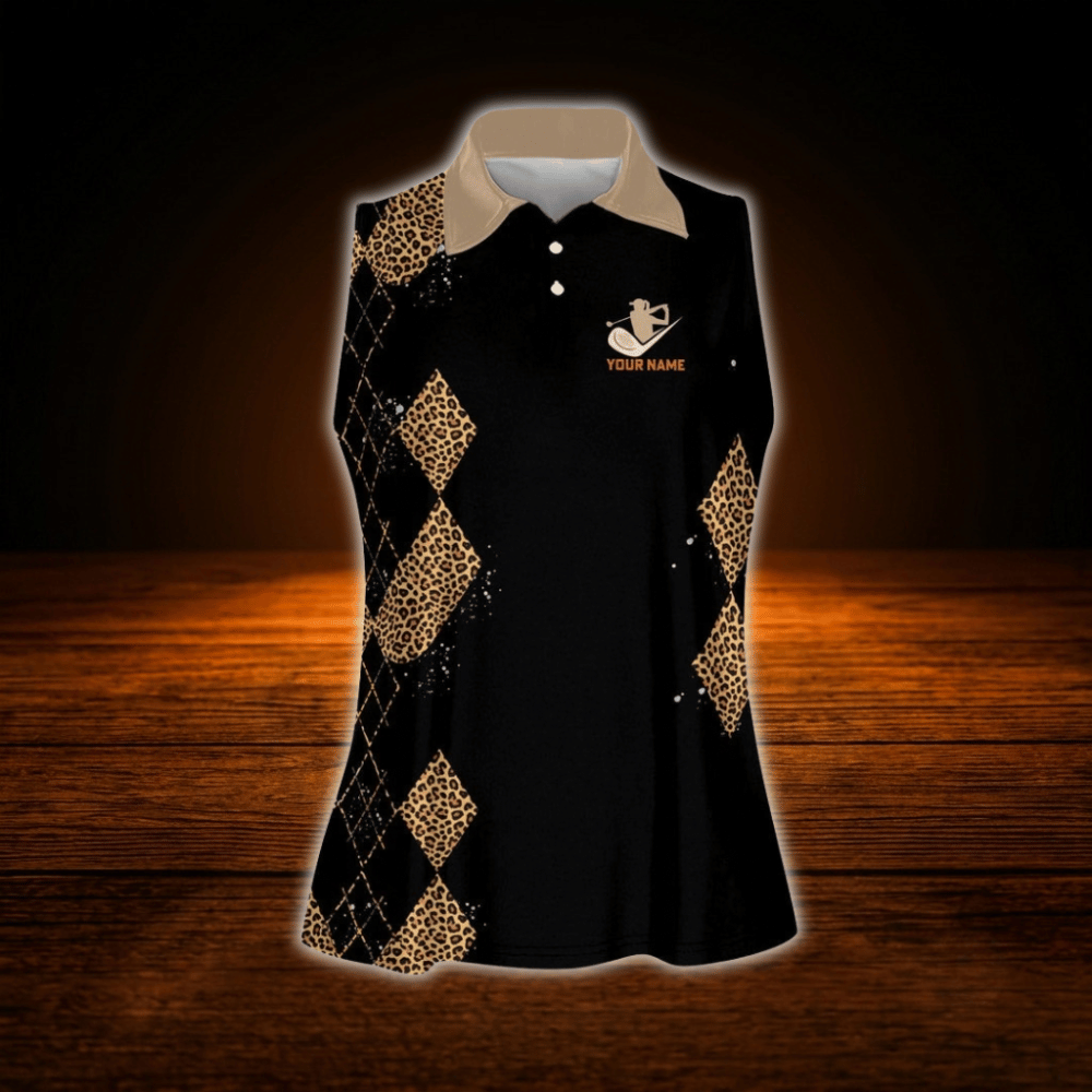 Plan For The Day Personalized Leopard Ladies Sleeveless Golf Shirts, Custom Leopard Golf Shirt
