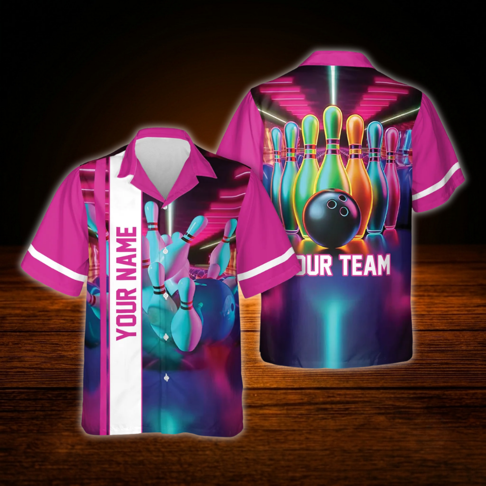 Custom Neon Retro Bowling Hawaiian Shirt, Custom Retro Bowling Team Shirt Pink