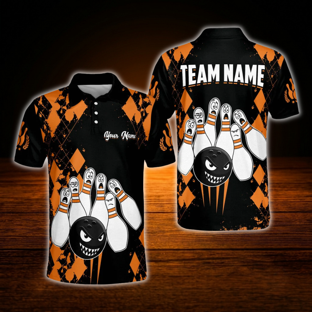 Funny Pins And Ball Custom Argyle Bowling Men Polo Shirt, Custom Funny Bowling Shirt Team