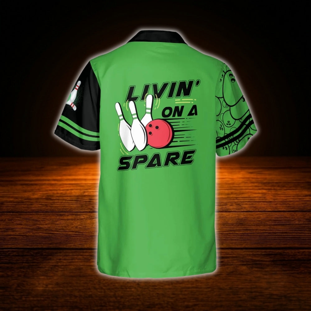 Livin On A Spare Custom Green Black Bowling Hawaiian Shirt, Custom Funny Bowling Shirt