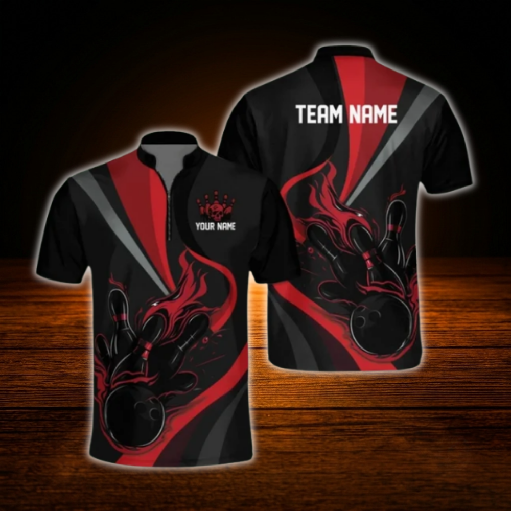Custom Flame Red Black Bowling Men Jersey, Custom Flame Bowling Team Shirt