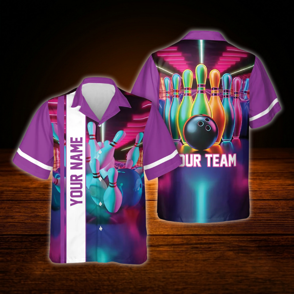 Custom Neon Retro Bowling Hawaiian Shirt, Custom Retro Bowling Team Shirt Pink