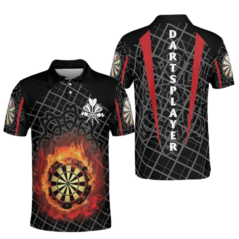 Custom Flame Mens Black And Red Darts Polo Shirt, Custom Dart Shirts DZ0017