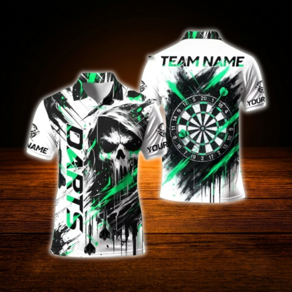 Custom Skeleton Black And White Darts Polo Shirt Men, Custom Skull Dart Shirt For Team