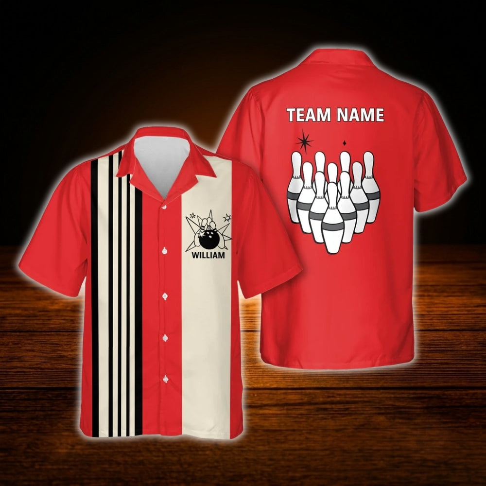 Red And Beige Custom Bowling Hawaiian Shirt, Custom Vintage Bowling Team Shirt