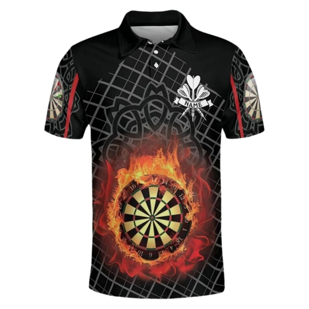 Custom Flame Mens Black And Red Darts Polo Shirt, Custom Dart Shirts DZ0017