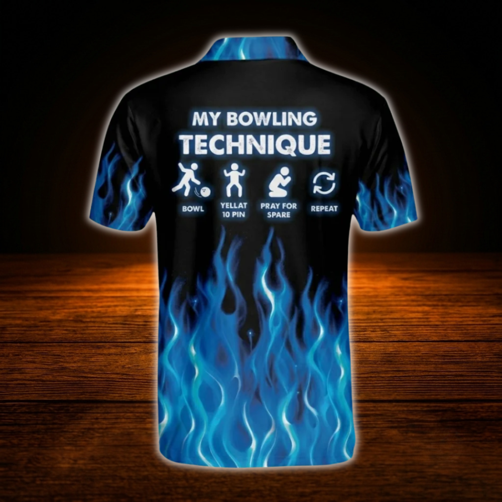 My Bowling Technique Custom Blue Flame Bowling Mens Polo Shirt, Custom Funny Flame Bowling Shirts