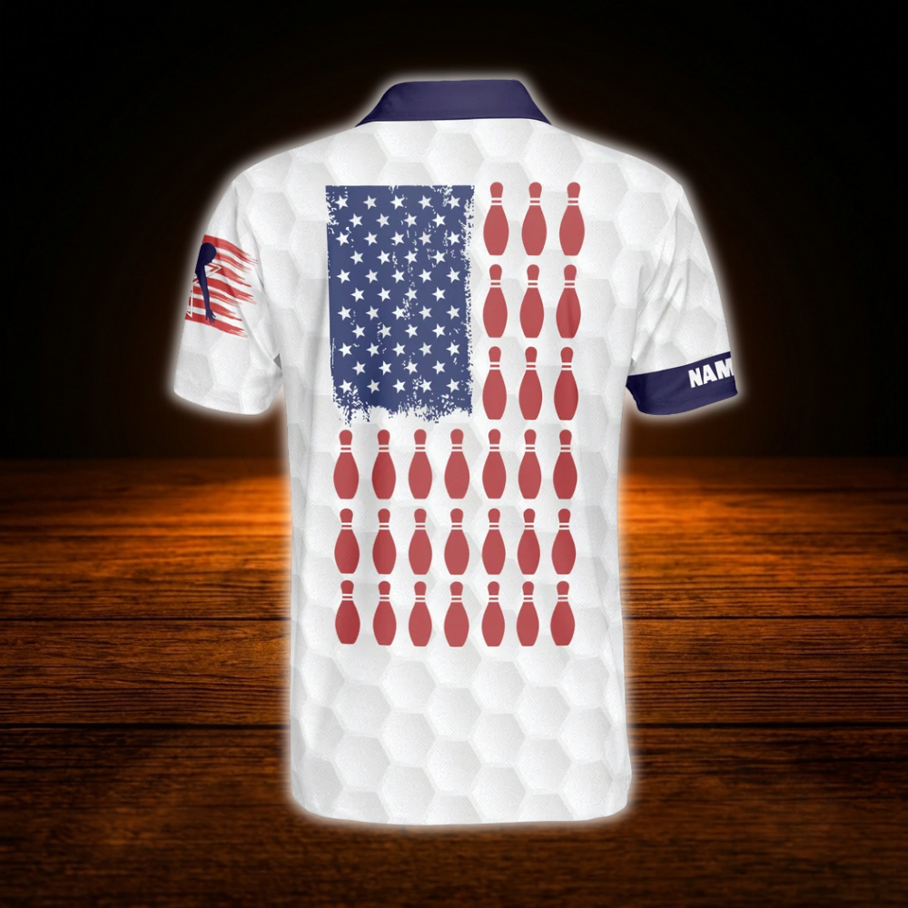 Custom American Flag White Polo Bowling Shirts Mens, Custom Patriotic Bowling Shirts