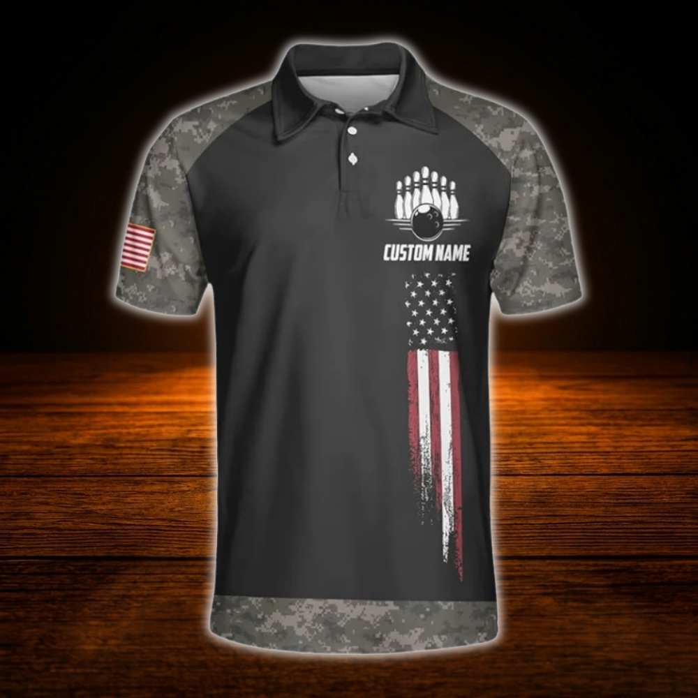 Custom American Flag Camo Bowling Polo Shirts For Men, Custom Patriotic Bowling Team Shirts