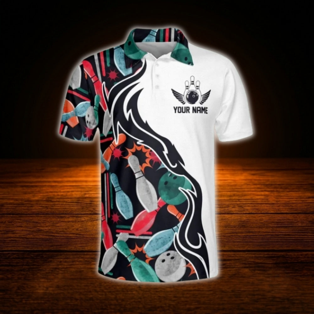 Multicolor Pins Custom Team Bowling Polo Shirt For Men, Custom Bowling Team Shirt